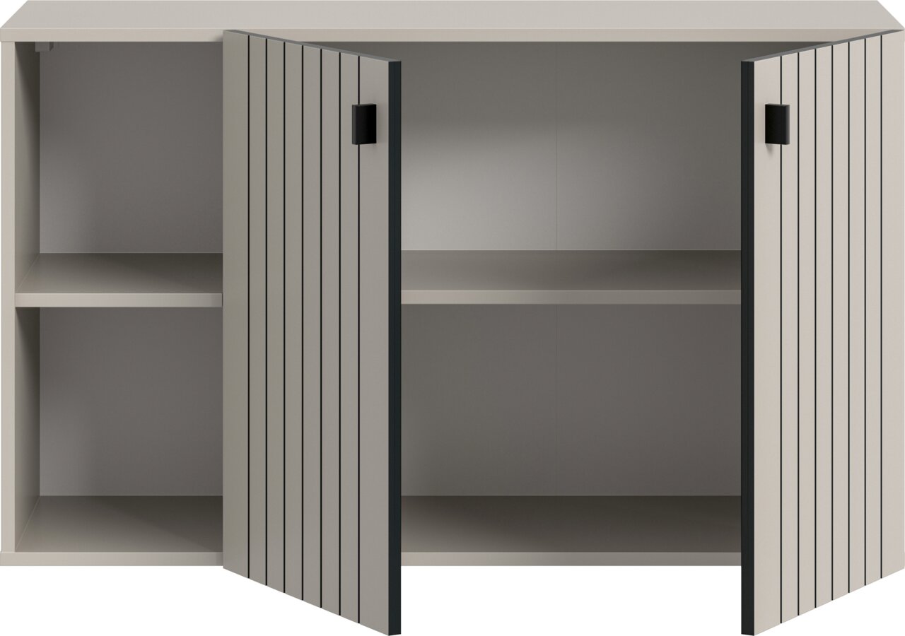 Moderner, grauer Hängeschrank mit zwei geriffelten Türen und schwarzen Griffen, geöffnet mit Innenböden sichtbar, in frontaler Ansicht mit leichter Perspektive von vorn