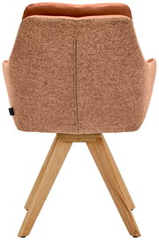 Rückansicht eines Armlehnstuhls mit braunem Stoffbezug und hölzernen Beinen