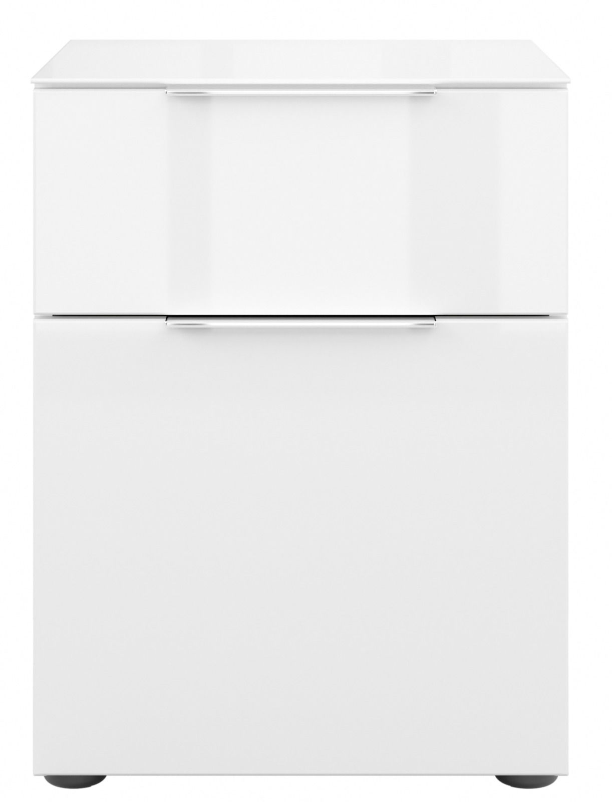 Weiße Nachtkommode mit zwei Schubladen, frontale Ansicht