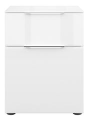 Weiße Nachtkommode mit zwei Schubladen, frontale Ansicht