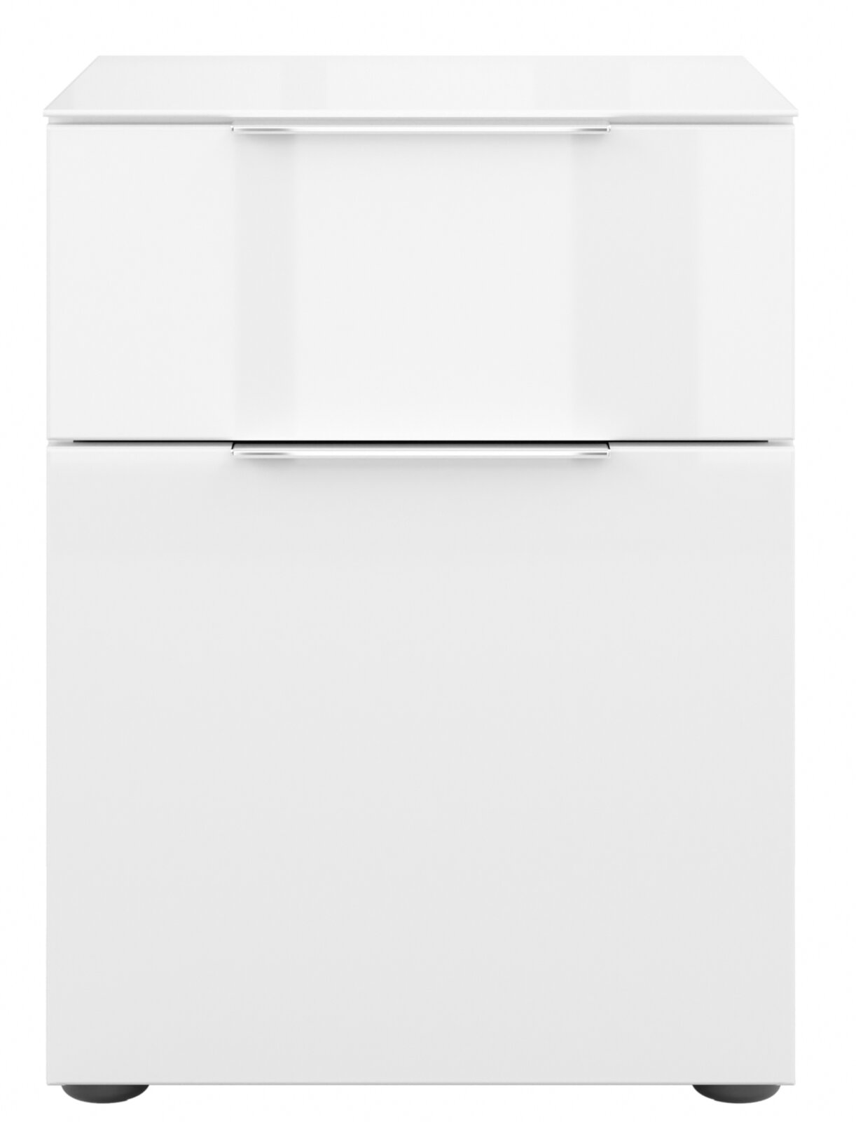 Weiße Nachtkommode mit zwei Schubladen, frontale Ansicht