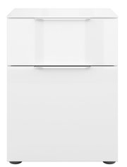 Weiße Nachtkommode mit zwei Schubladen, frontale Ansicht