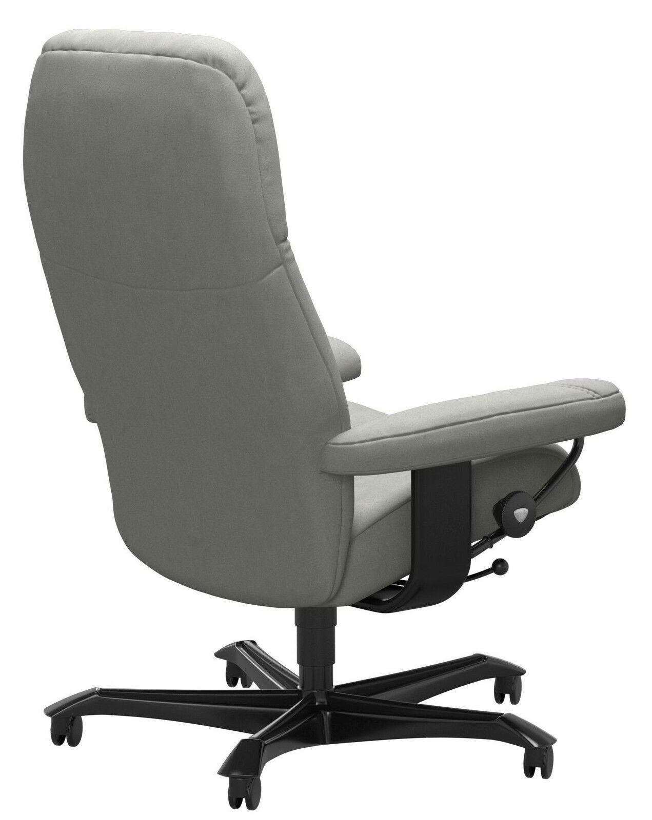 Grauer Chefsessel mit hoher Rückenlehne und Armlehnen, Rückansicht