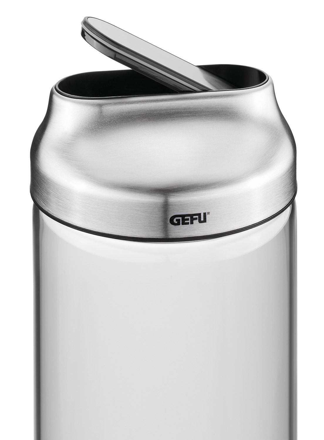 Vorratsdose aus Edelstahl mit geöffnetem Deckel, seitliche Perspektive