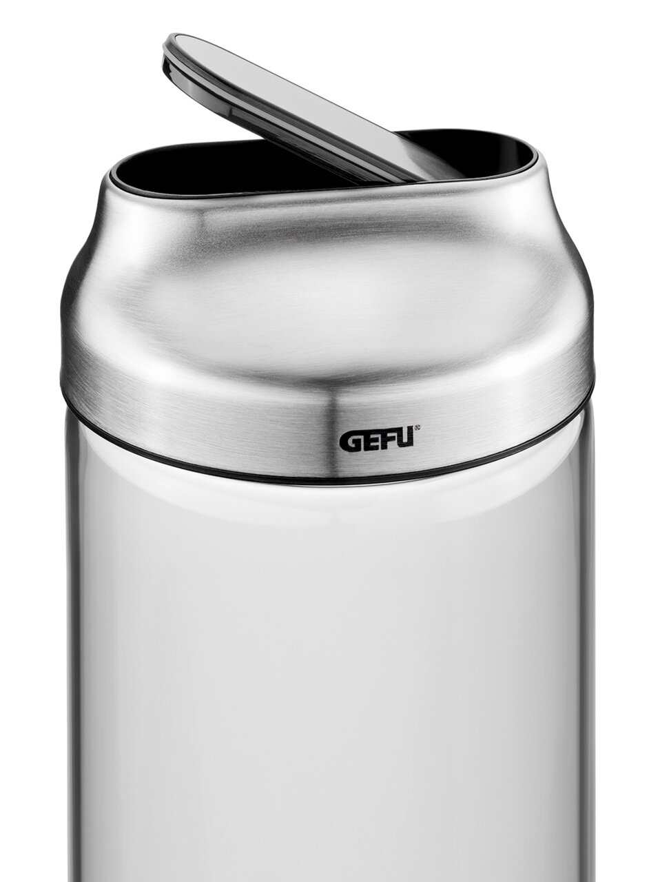 Vorratsdose aus Edelstahl mit geöffnetem Deckel, seitliche Perspektive