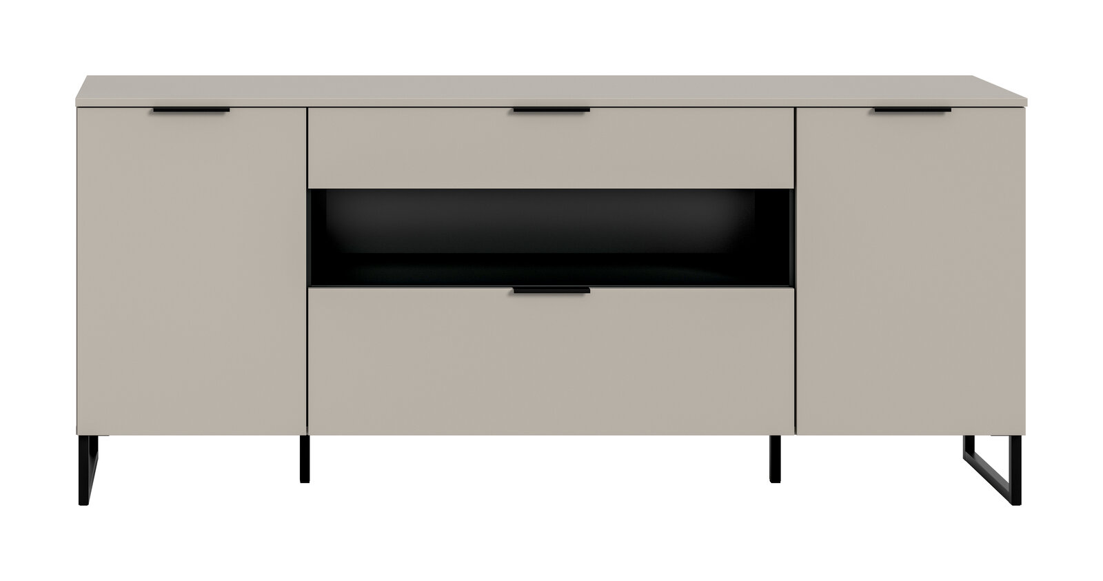 Modernes Sideboard in Beige mit schwarzen Griffen und Metallfüßen, mittigem offenem Fach und Schublade, Frontansicht.