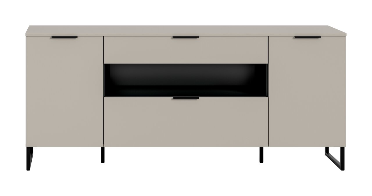 Modernes Sideboard in Beige mit schwarzen Griffen und Metallfüßen, mittigem offenem Fach und Schublade, Frontansicht.