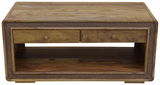 Rechteckiger Couchtisch aus Holz mit zwei Schubladen und offener Ablage, Frontalansicht