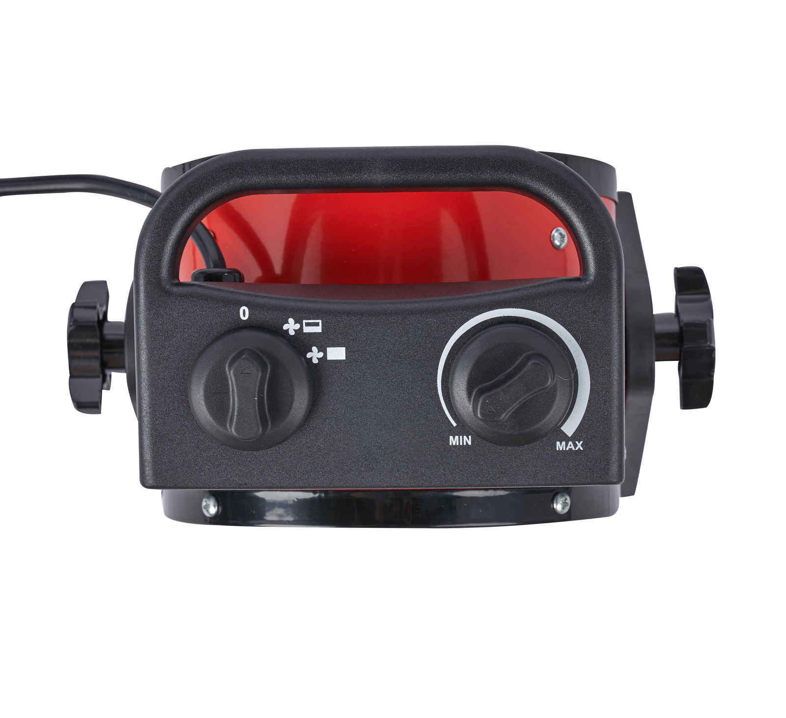 Ansicht von oben auf einen Keramik Heizlüfter mit zwei Drehreglern und einem Griff, schwarz und rot.