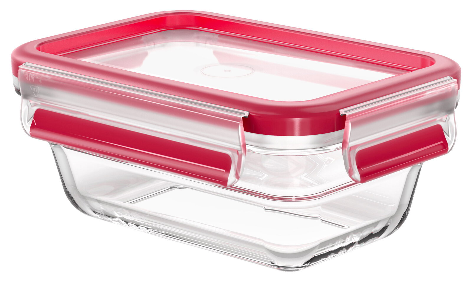 Rechteckige Glasbox mit rotem Deckel, seitliche Perspektive