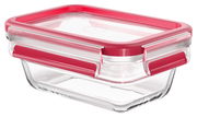 Rechteckige Glasbox mit rotem Deckel, seitliche Perspektive