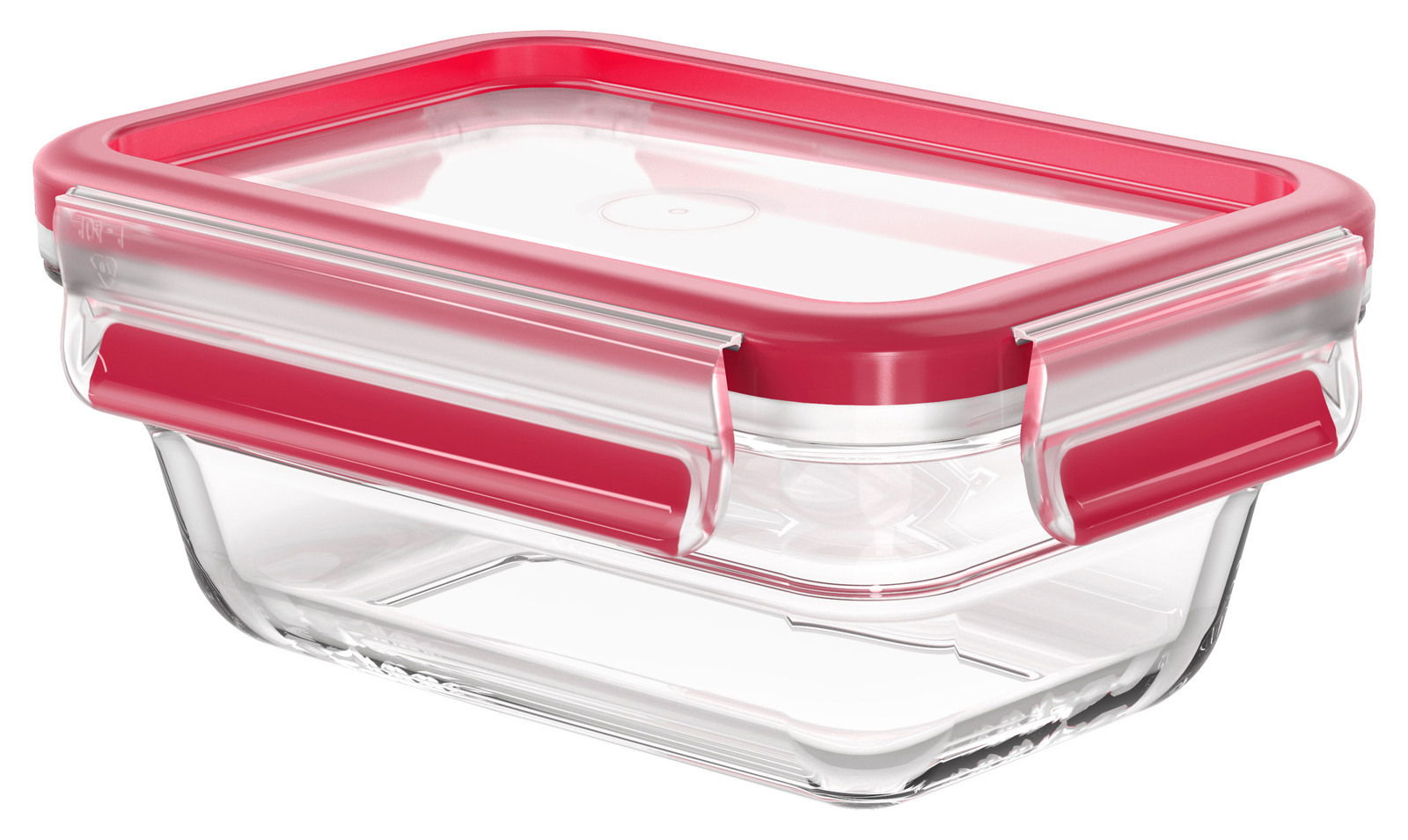 Rechteckige Glasbox mit rotem Deckel, seitliche Perspektive