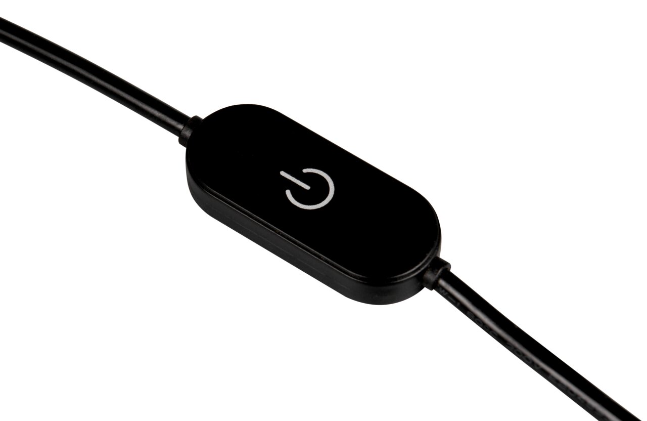 Nahaufnahme eines schwarzen Kabelschalters mit einem weißen Ein-/Ausschalt-Symbol