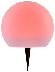 Runde, rosa Solarleuchte von Ambia Garden mit Erdspieß, frontal betrachtet.