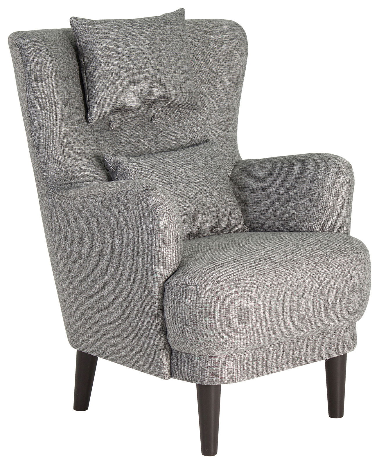 Grauer Ohrensessel mit Kissen, seitliche Perspektive