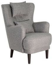 Grauer Ohrensessel mit Kissen, seitliche Perspektive