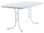 Weißer Gartentisch mit rechteckiger Tischplatte und gebogenen Beinen, seitliche Perspektive
