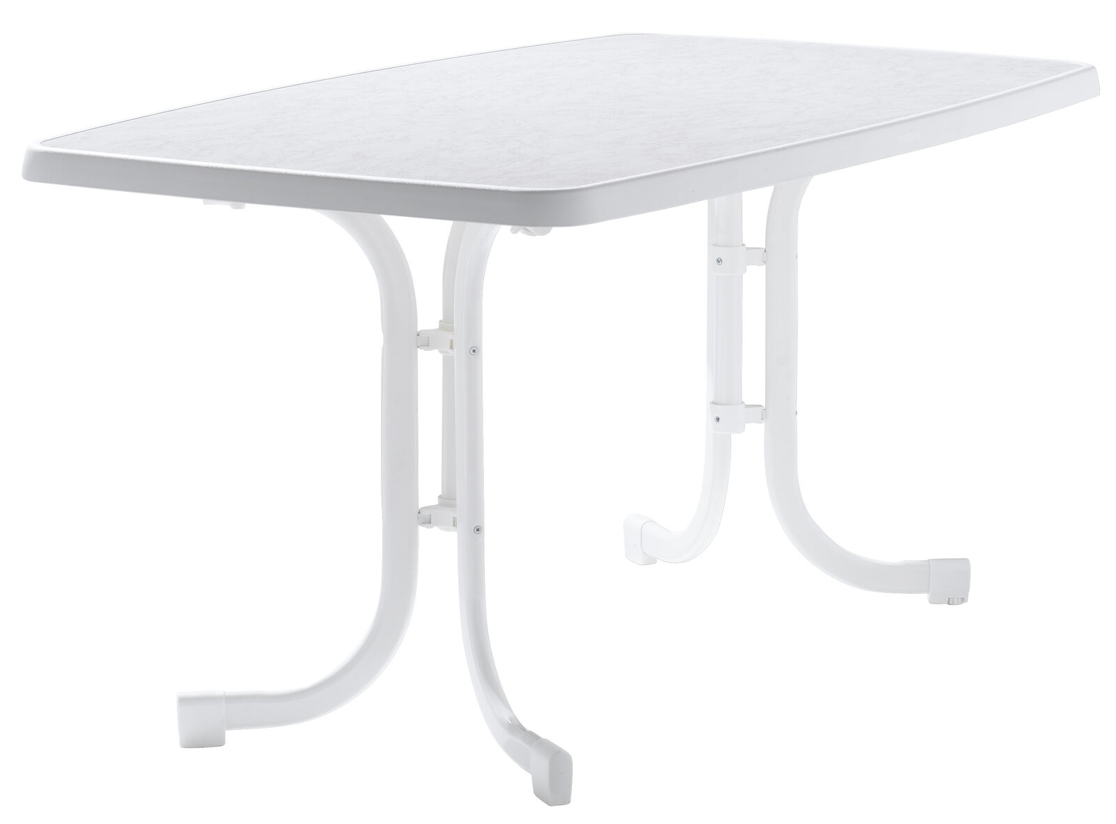 Weißer Gartentisch mit rechteckiger Tischplatte und gebogenen Beinen, seitliche Perspektive