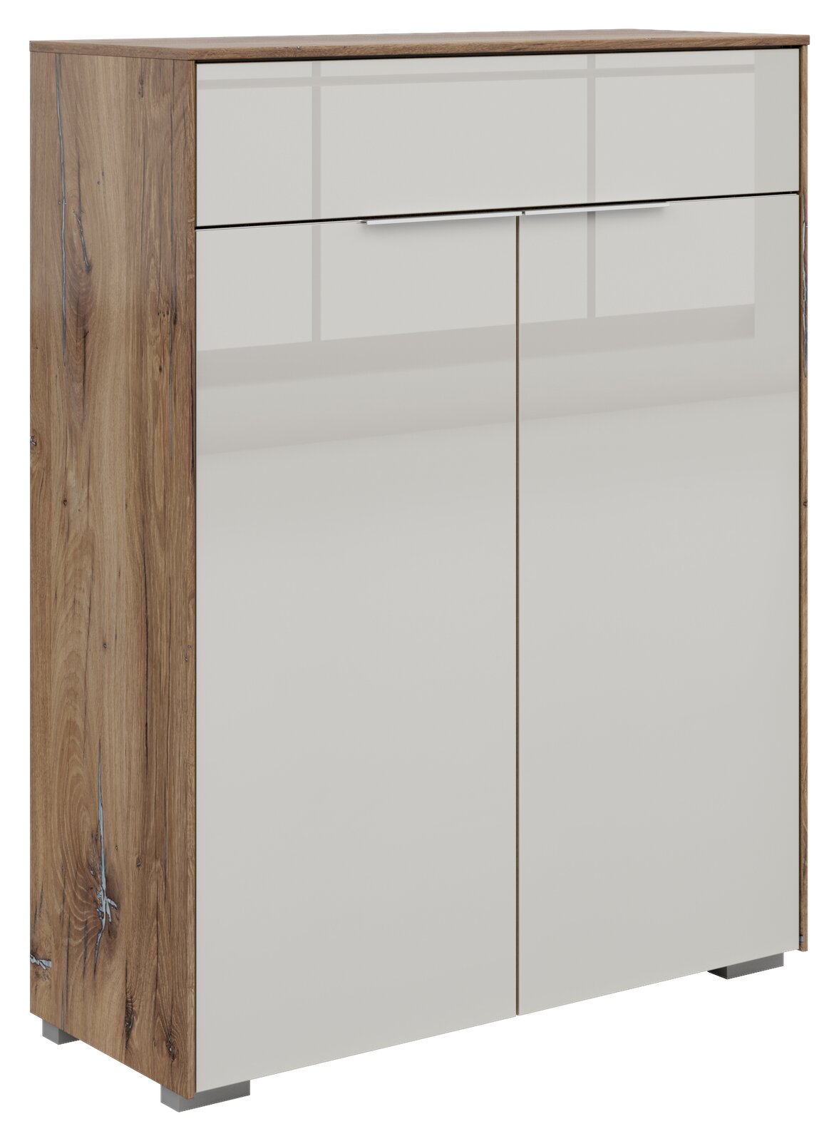 Voleo Kommode NEVADA Kommode mit zwei Türen und einer Schublade in Holzoptik, seitliche Perspektive