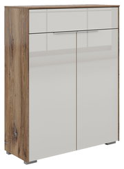 Kommode mit zwei Türen und einer Schublade in Holzoptik, seitliche Perspektive