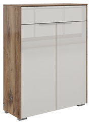 Commode met twee deuren en een lade in houtlook, zijaanzicht