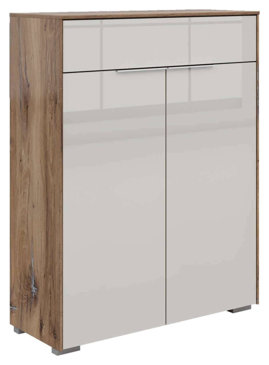 Commode met twee deuren en een lade in houtlook, zijaanzicht