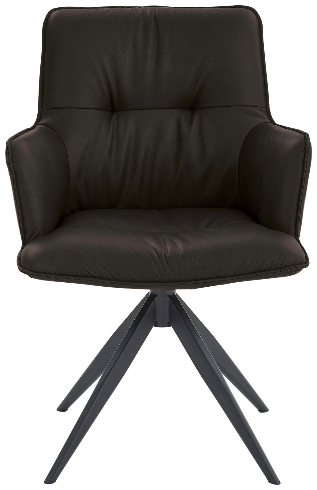 Vorderansicht eines modernen, schwarzen Design-Schalensessels mit gepolstertem Sitz und Metallbeinen.