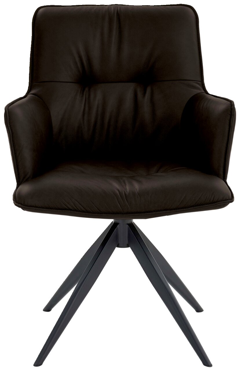 Vorderansicht eines modernen, schwarzen Design-Schalensessels mit gepolstertem Sitz und Metallbeinen.