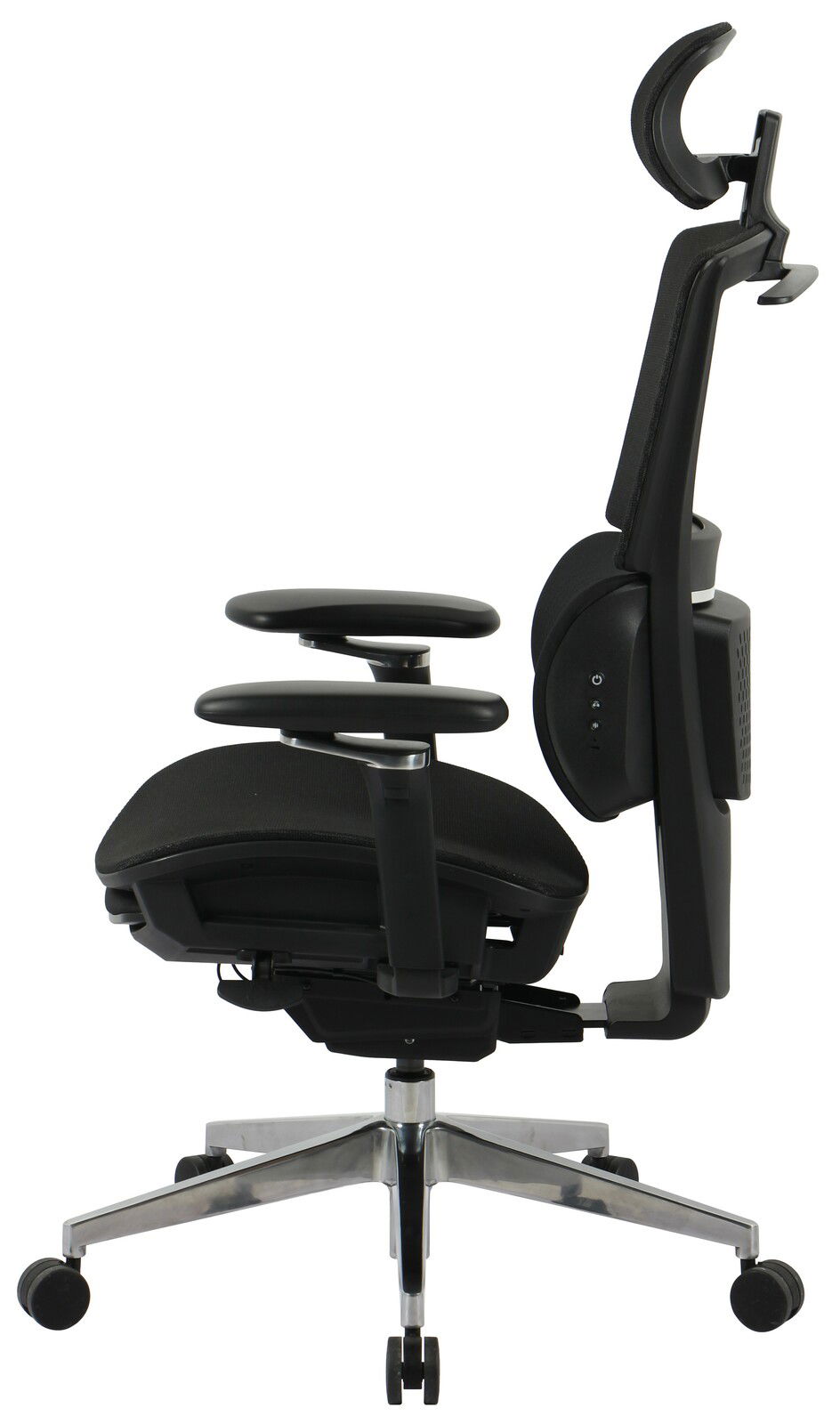 Moderner schwarzer Chefsessel mit verstellbaren Armlehnen und Kopfstütze, Seitenansicht