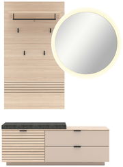 Garderoben-Set 3-tlg. in heller Holzoptik mit runder Spiegel, Hakenleiste und Sitzbank, frontale Ansicht