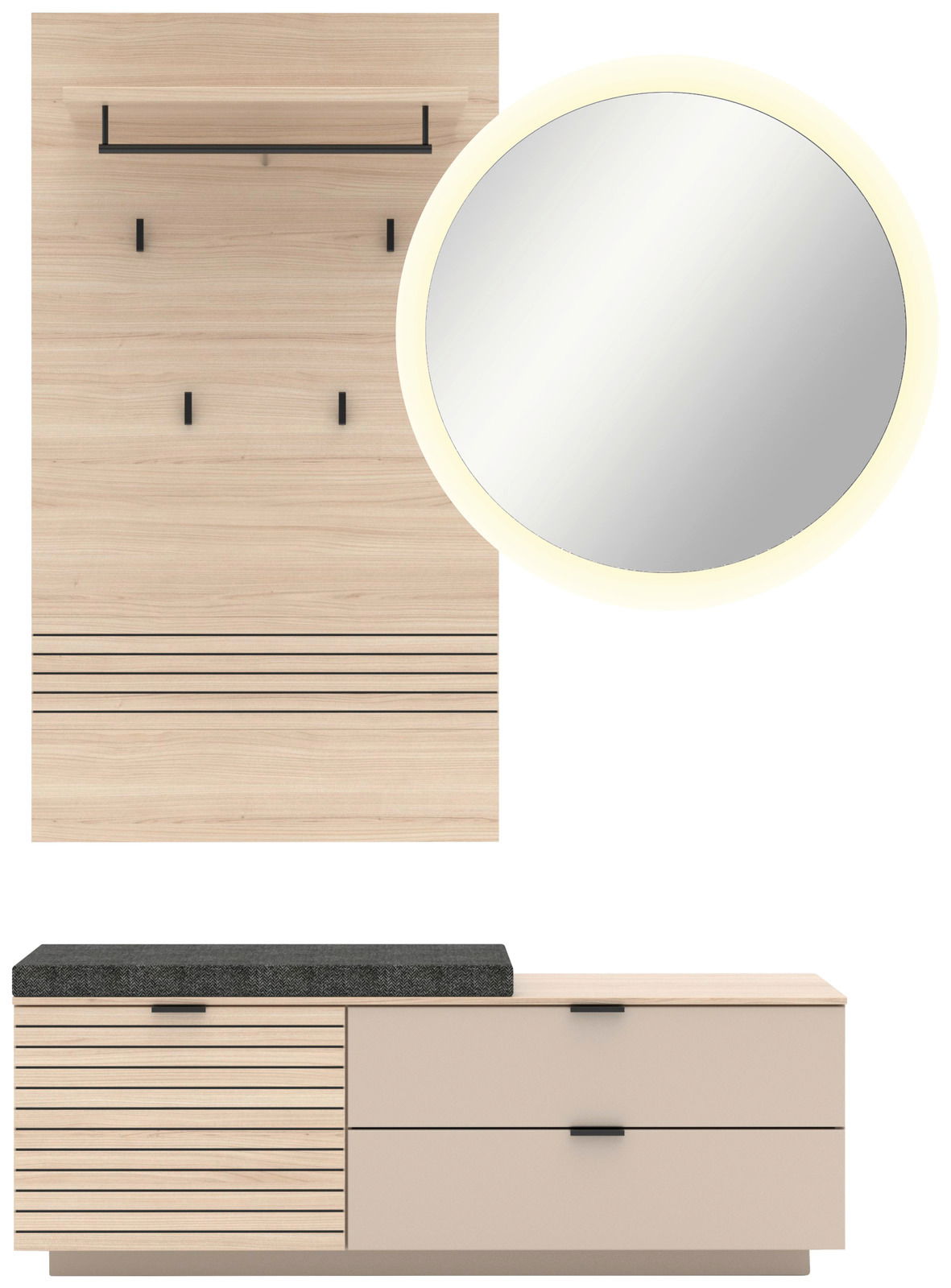 Voleo Garderoben-Set 3-tlg. INA Garderoben-Set 3-tlg. in heller Holzoptik mit runder Spiegel, Hakenleiste und Sitzbank, frontale Ansicht