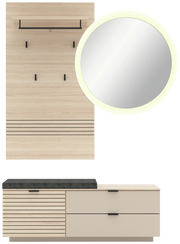 Garderoben-Set 3-tlg. in heller Holzoptik mit runder Spiegel, Hakenleiste und Sitzbank, frontale Ansicht