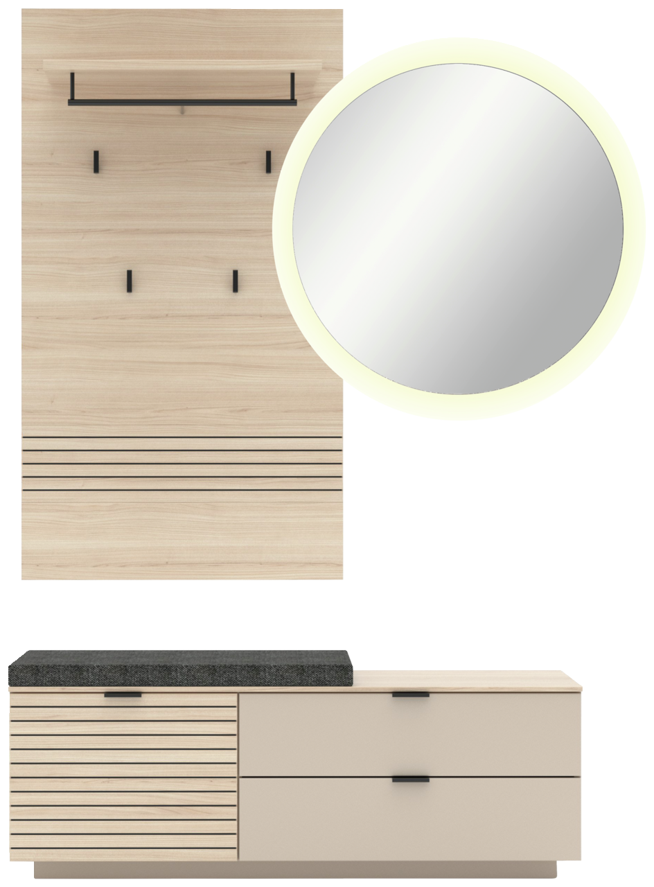 Garderoben-Set 3-tlg. in heller Holzoptik mit runder Spiegel, Hakenleiste und Sitzbank, frontale Ansicht