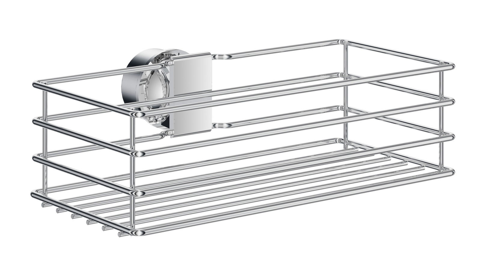 Duschkorb aus Edelstahl, verchromt, seitliche Perspektive