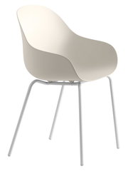 Moderner cremefarbener Stuhl mit geschwungener Sitzschale und weißen Metallbeinen, seitliche Perspektive