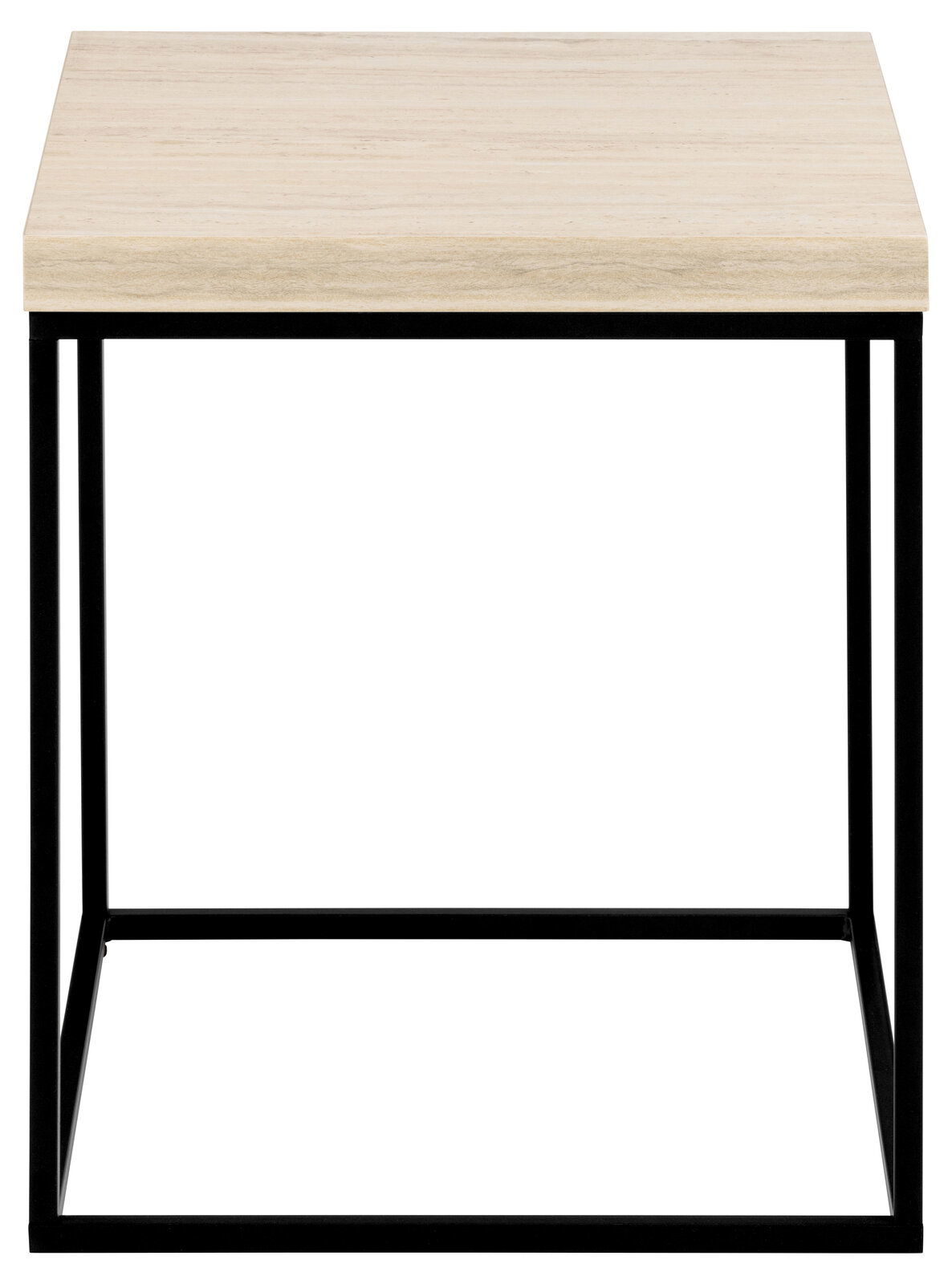 Moderner Couchtisch mit heller Holzplatte und schwarzem Metallgestell, frontal betrachtet.