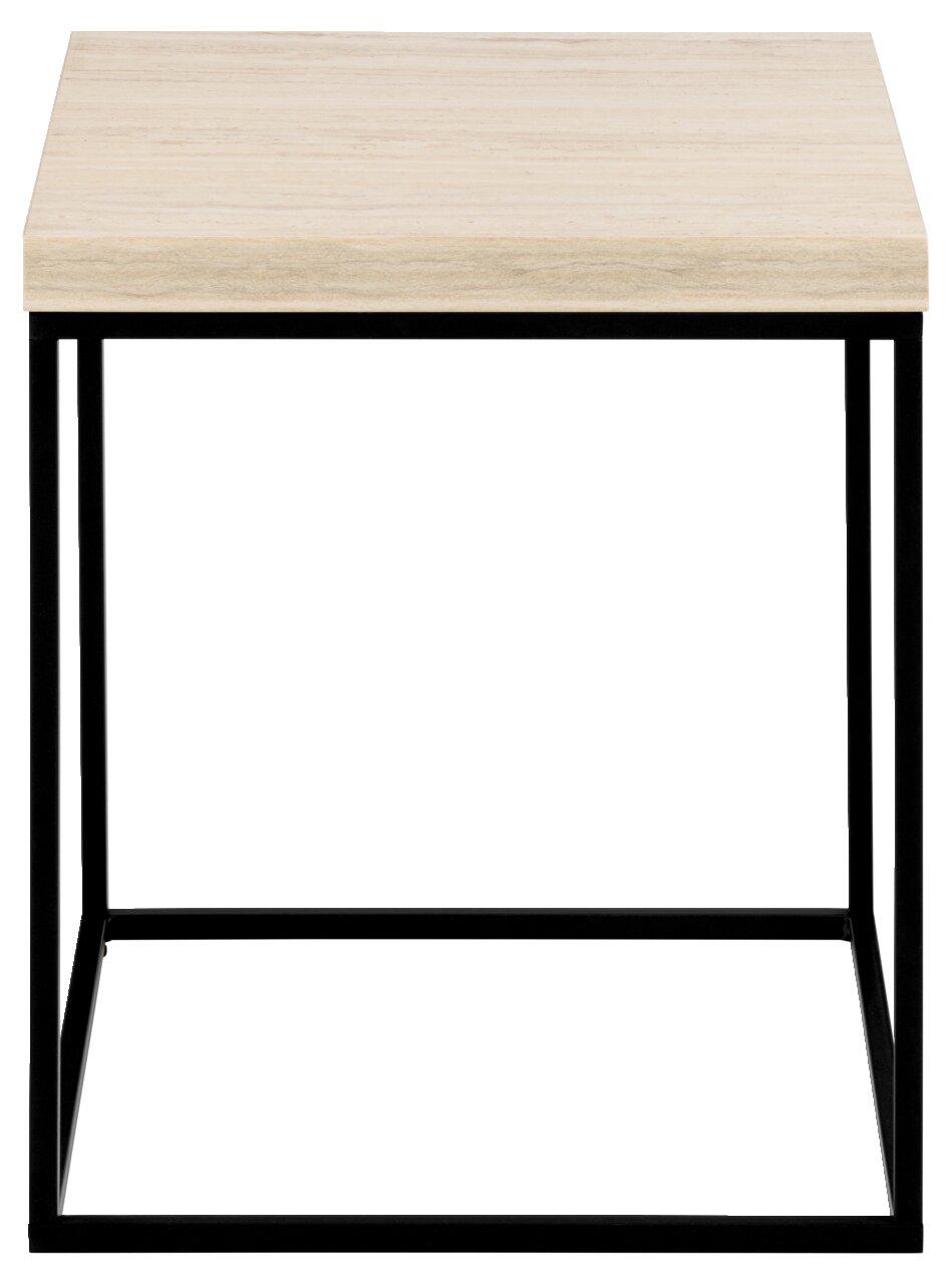 Moderner Couchtisch mit heller Holzplatte und schwarzem Metallgestell, frontal betrachtet.