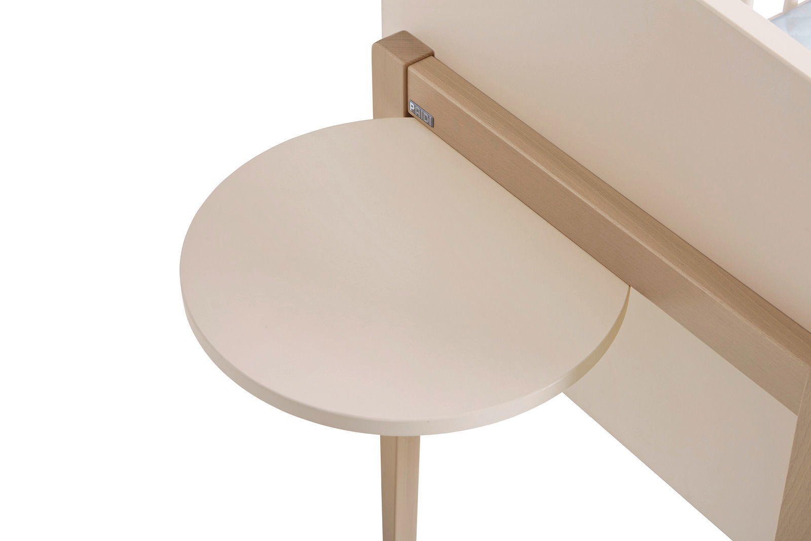 Rundes, beiges Tablar mit Holzhalterung, seitliche Perspektive