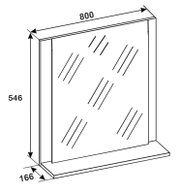 Technische Skizze eines rechteckigen Spiegels mit Ablage, Maße 800 mm Breite, 546 mm Höhe und 166 mm Tiefe, in schräger Vorderansicht (Perspektive von vorn rechts).