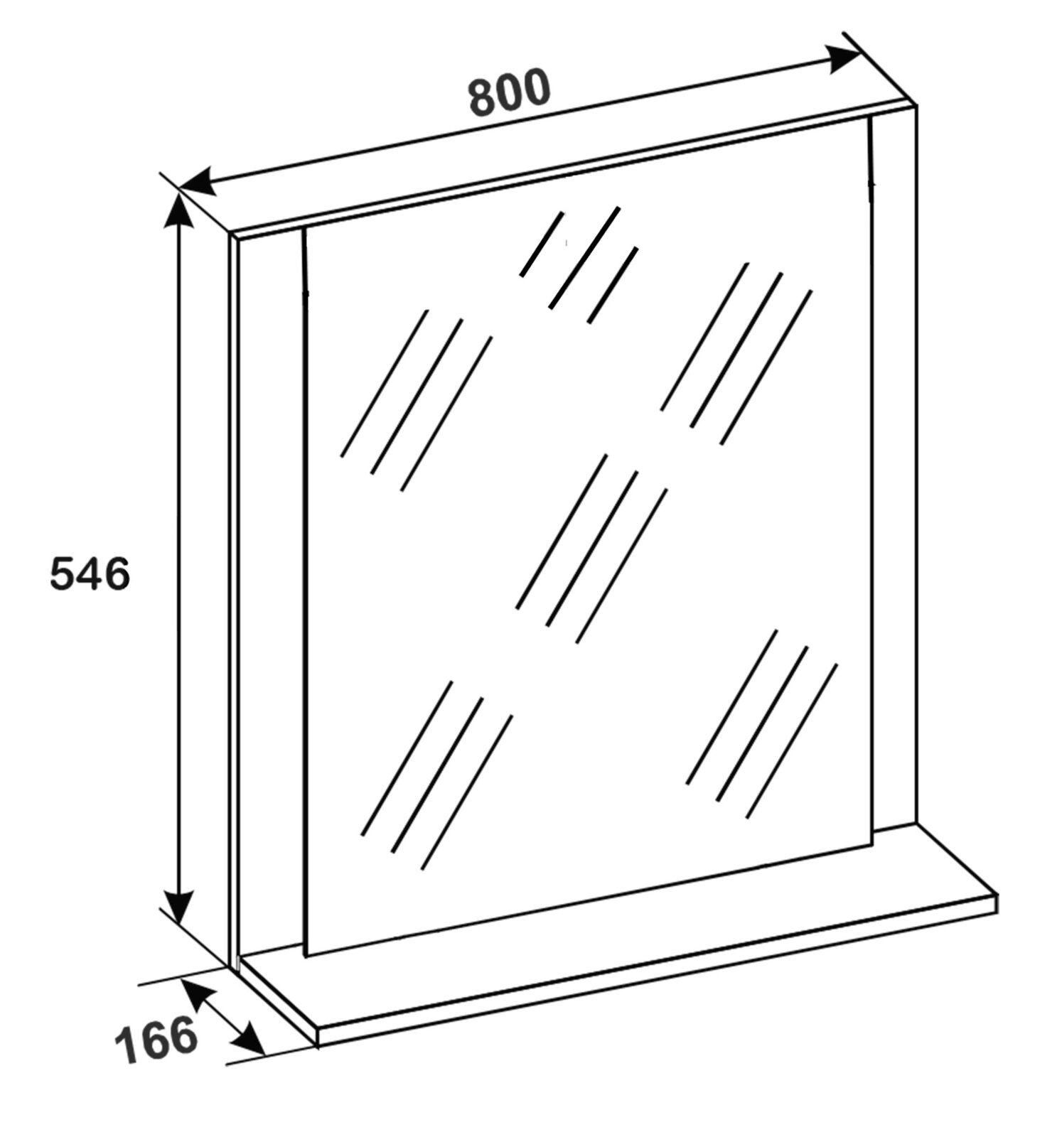 Technische Skizze eines rechteckigen Spiegels mit Ablage, Maße 800 mm Breite, 546 mm Höhe und 166 mm Tiefe, in schräger Vorderansicht (Perspektive von vorn rechts).