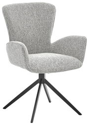 Grauer Armlehnstuhl mit Stoffbezug und schwarzem Metallgestell, seitliche Perspektive