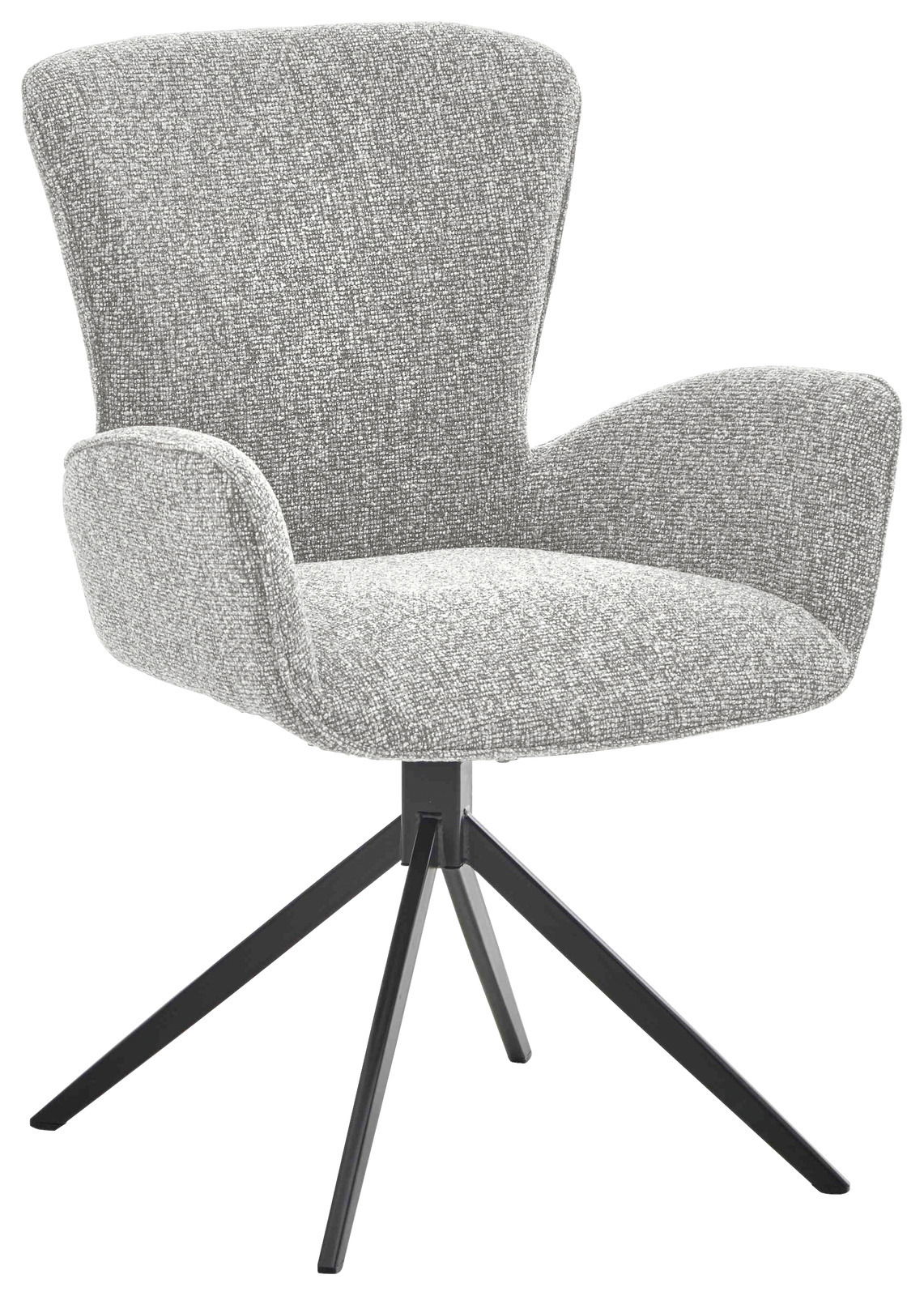 Grauer Armlehnstuhl mit Stoffbezug und schwarzem Metallgestell, seitliche Perspektive