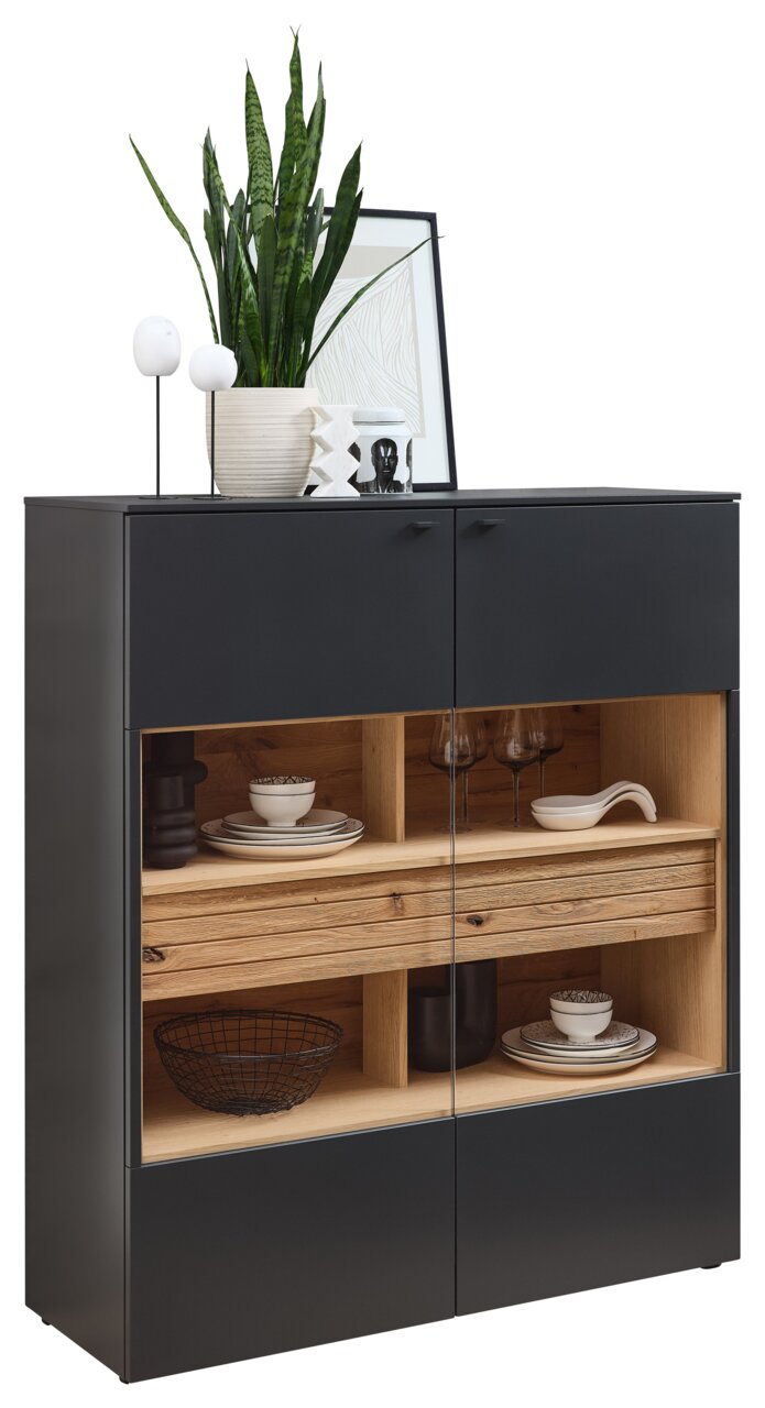 Venjakob Highboard LUMEA Venjakob Highboard LUMEA in moderner Frontansicht mit schwarzem Korpus und Holzelementen, dekoriert mit Pflanzen und Geschirr.
