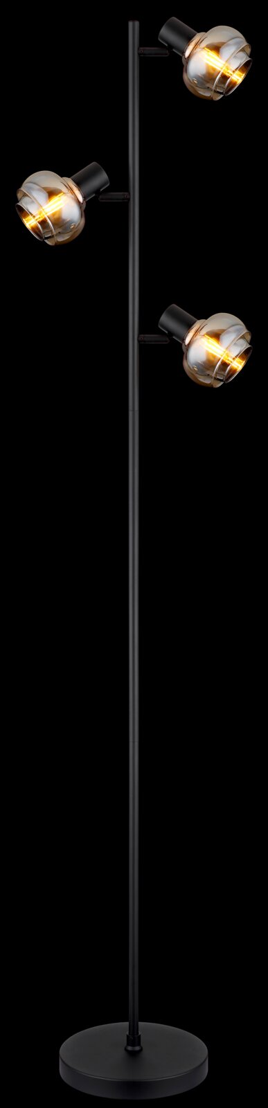 Moderne Stehleuchte mit drei verstellbaren Leuchtköpfen, seitliche Perspektive