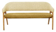 Moderne Sitzbank mit Holzrahmen und gepolstertem Sitz und Rückenlehne, Vorderansicht