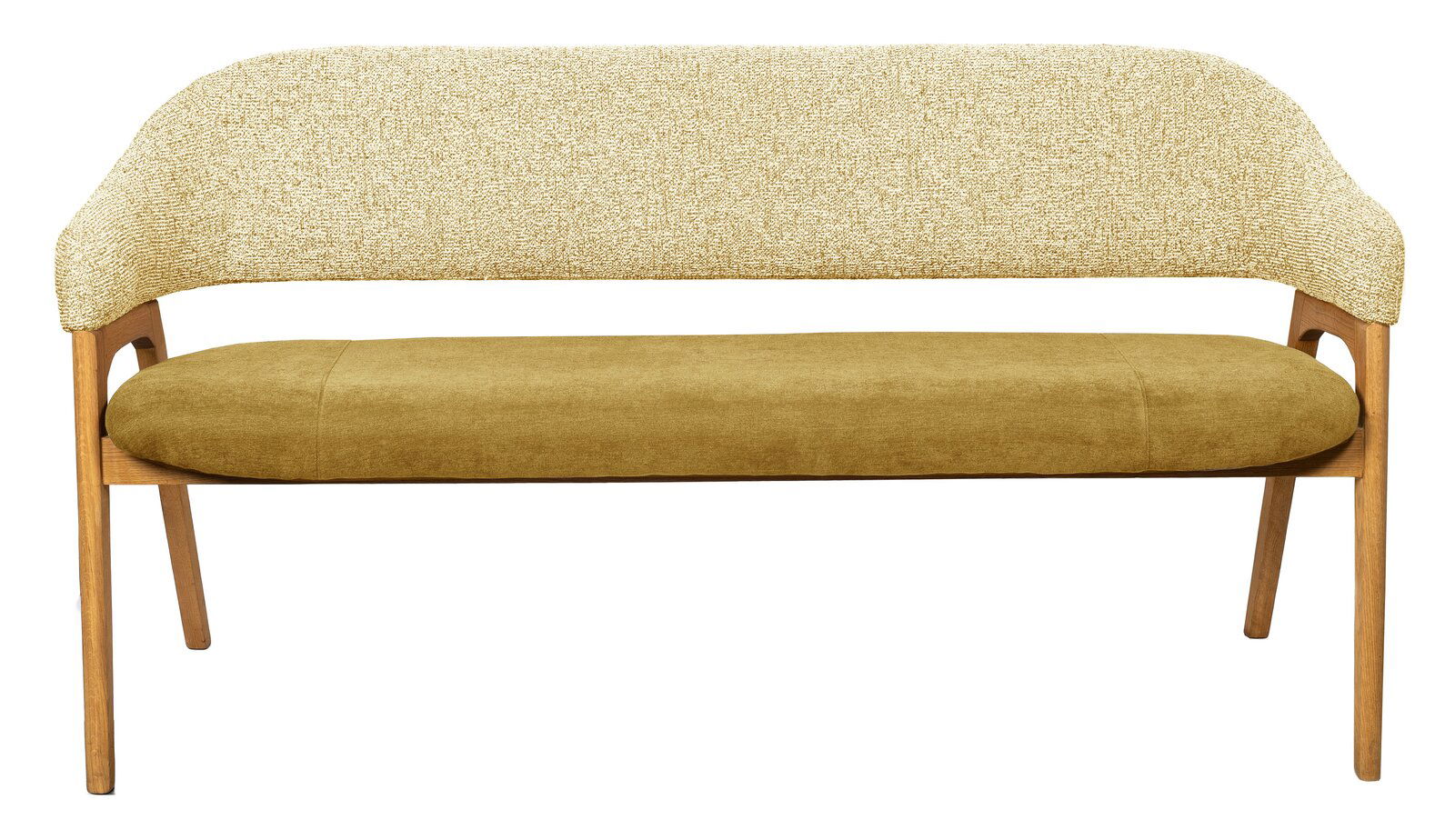 Moderne Sitzbank mit Holzrahmen und gepolstertem Sitz und Rückenlehne, Vorderansicht