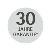 Rundes Siegel mit der Aufschrift '30 Jahre Garantie' in schwarzer Schrift auf grauem Hintergrund, frontal betrachtet.