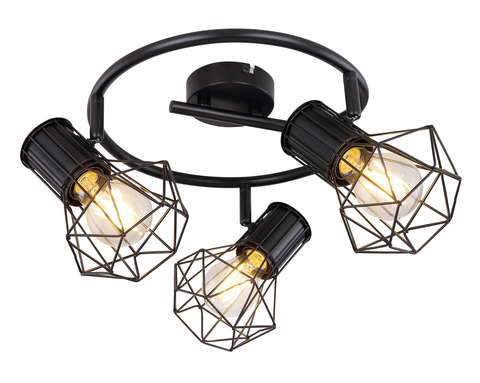 Dreiflammiger schwarzer Metallstrahler mit geometrischen Drahtkäfigen, Ansicht von unten.