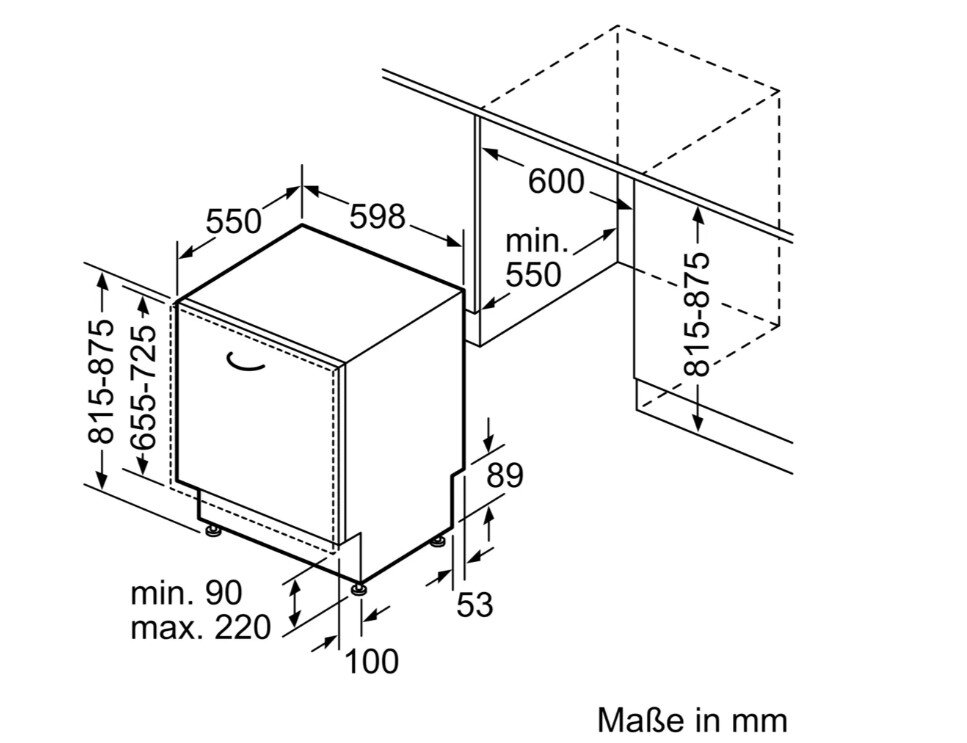 Technische tekening van een inbouwvaatwasser met de afmetingen 598 mm breed, 550 mm diep en een variabele hoogte van 815 tot 875 mm. Perspectief vanuit een schuine hoek aan de voorkant.