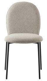 Vorderansicht eines modernen Stuhls mit gepolsterter Sitzfläche und Rückenlehne in beige, auf schwarzen Metallbeinen.